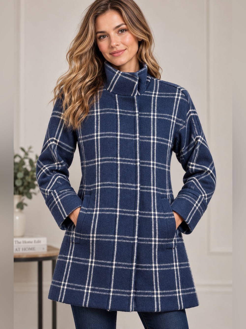 J.Crew Women’s Wool Blend Plaid Coat Navy Blue White Size 0P Petite